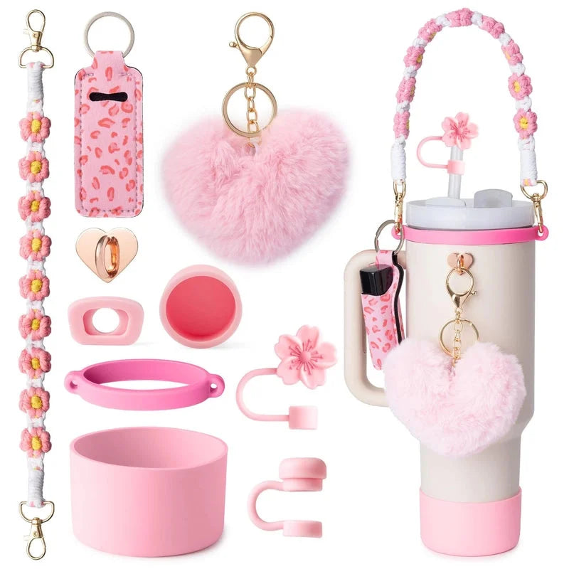 Nylon Plush Silica Gel Straw Decorative Cap 1 Set and Stainless Steel Thermos Cup 1 Piece