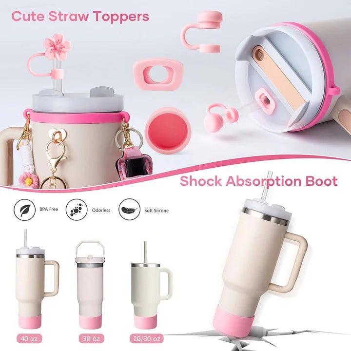 Nylon Plush Silica Gel Straw Decorative Cap 1 Set and Stainless Steel Thermos Cup 1 Piece