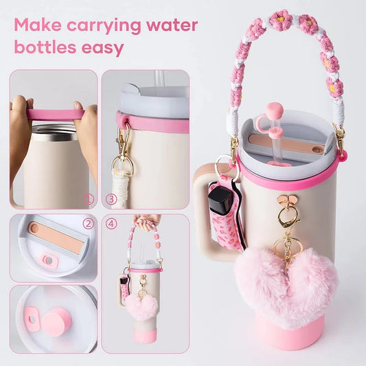 Nylon Plush Silica Gel Straw Decorative Cap 1 Set and Stainless Steel Thermos Cup 1 Piece