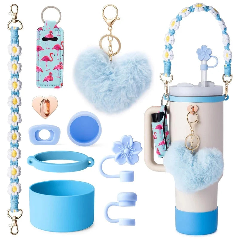 Nylon Plush Silica Gel Straw Decorative Cap 1 Set and Stainless Steel Thermos Cup 1 Piece