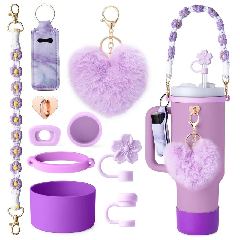 Nylon Plush Silica Gel Straw Decorative Cap 1 Set and Stainless Steel Thermos Cup 1 Piece