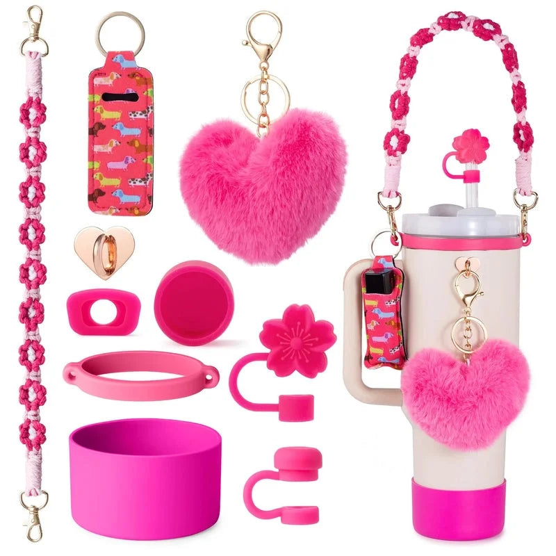 Nylon Plush Silica Gel Straw Decorative Cap 1 Set and Stainless Steel Thermos Cup 1 Piece