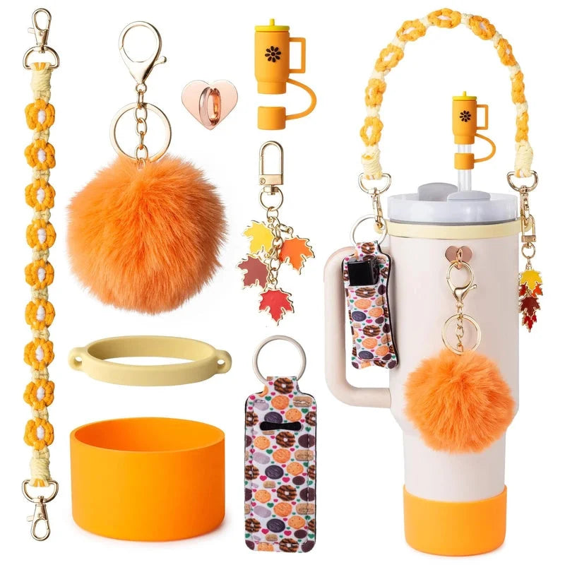 Nylon Plush Silica Gel Straw Decorative Cap 1 Set and Stainless Steel Thermos Cup 1 Piece
