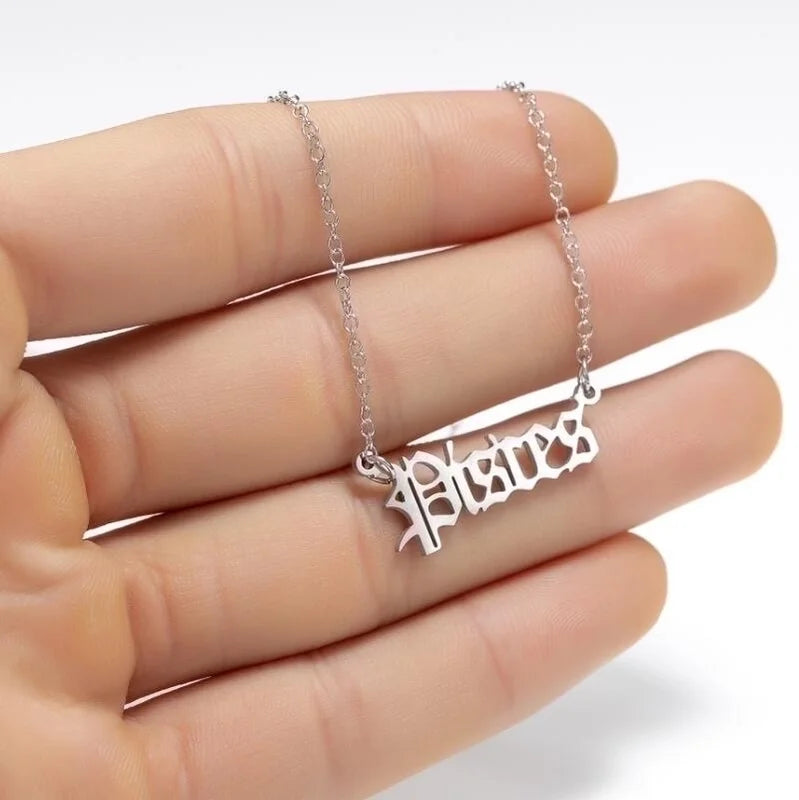 Vintage Font Zodiac Sign Old English Pendant Stainless Steel Necklace For Women Best Friend Birthday Gift