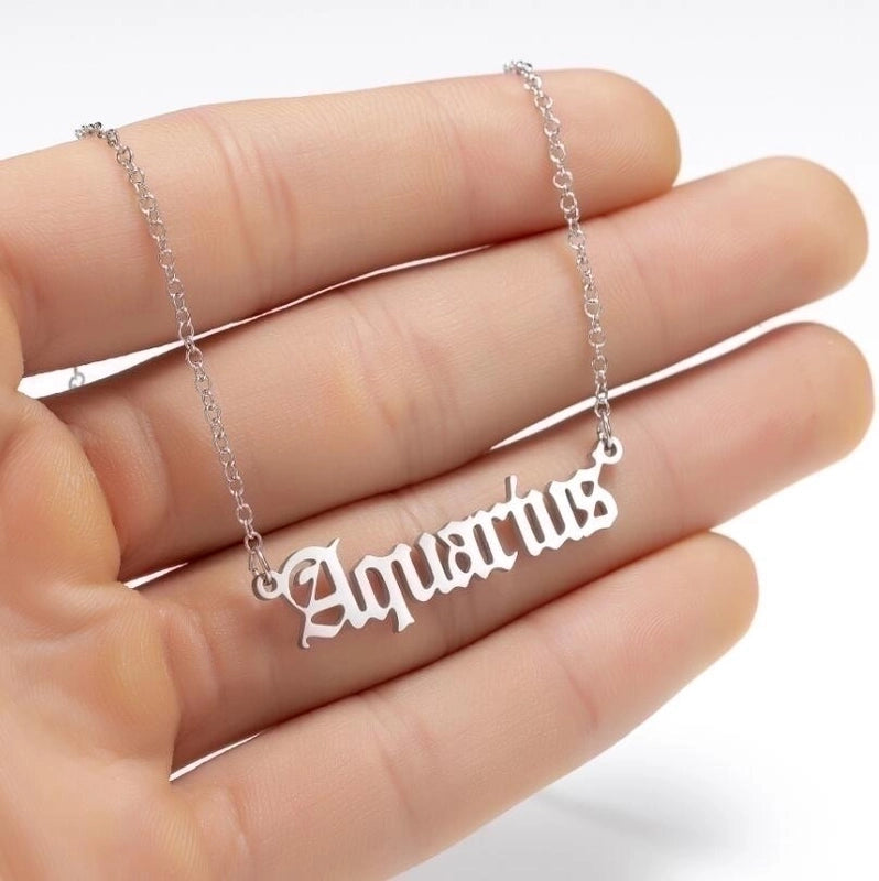 Vintage Font Zodiac Sign Old English Pendant Stainless Steel Necklace For Women Best Friend Birthday Gift