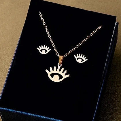 Stainless Steel Earrings Necklace Set Geometric Cross Palm Eye Rose Pendant