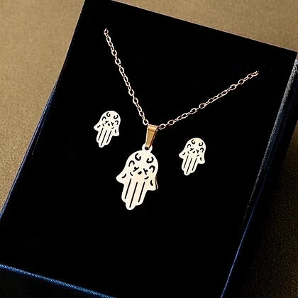 Stainless Steel Earrings Necklace Set Geometric Cross Palm Eye Rose Pendant