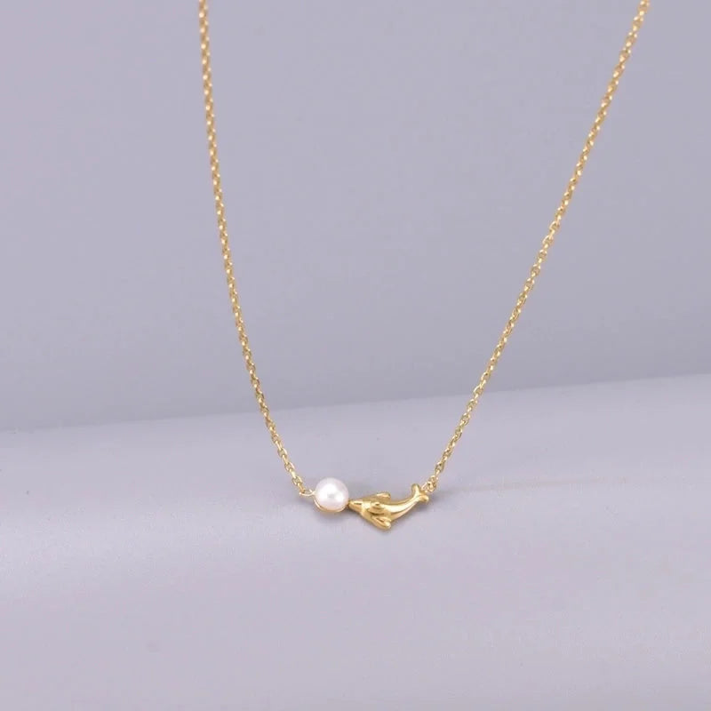 Cute Minimalist Dolphin 304 Stainless Steel Titanium Steel Pearl 18K Gold Plated Inlay Necklace