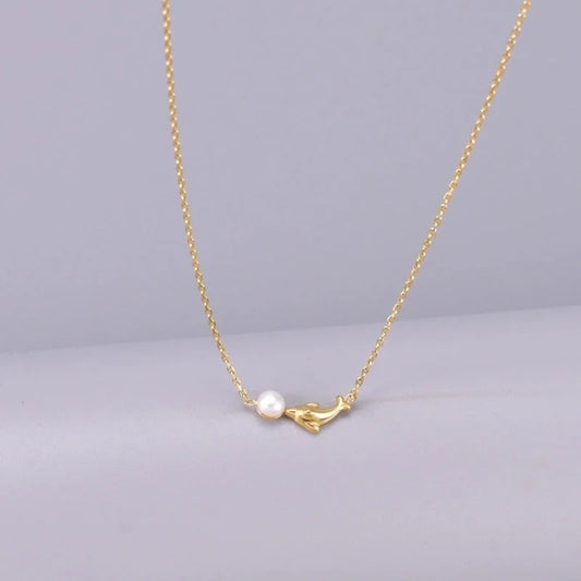 Cute Minimalist Dolphin 304 Stainless Steel Titanium Steel Pearl 18K Gold Plated Inlay Necklace